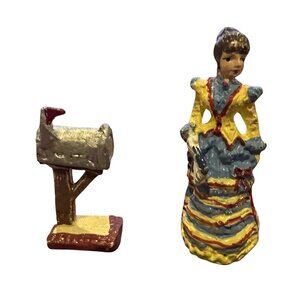 Vintage 98IRS China Lead Figure Young Woman in Dress & Mailbox 1.25"